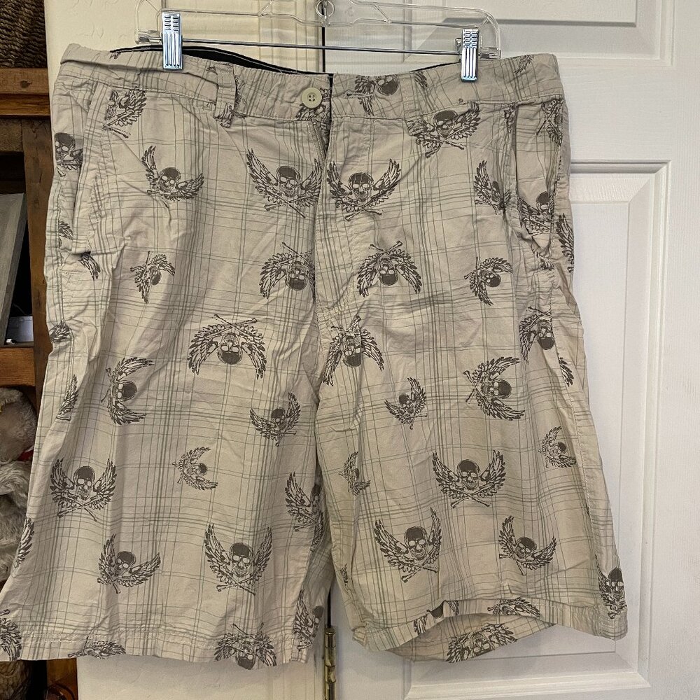 Route 66 Cream Ivory Brown Skull Wings 100% Cotton Men's Shorts Sz 38 Summer